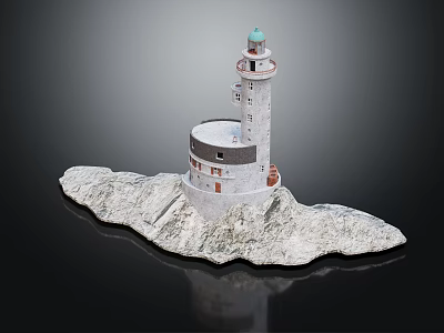 Detailed White Lighthouse Tower Featuring Turquoise Dome On Rocky Coastal Base With Architectural Windows 3d model