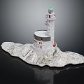 Detailed White Lighthouse Tower Featuring Turquoise Dome On Rocky Coastal Base With Architectural Windows