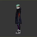 Detailed 3D Anime Character With Teal Hair Mask Dark Coat Red Vest And White Shoes