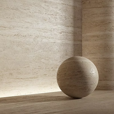 Beige Stone Sphere Decorative Component With Travertine Wall Background In Interior Corner 3d model