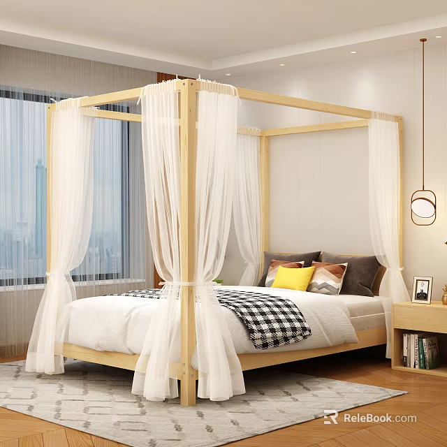 Modern Four Poster Double Bed With White Sheer Curtains Colorful Pillows And City View 3d model 