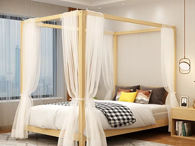 Modern Four Poster Double Bed With White Sheer Curtains Colorful Pillows And City View 3d model