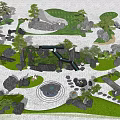 Traditional Courtyard Garden Landscape With Rocks Lawn Trees And Stone Pathways