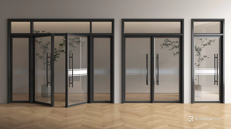 Modern Interior Featuring Black Frame Glass Double Doors And Wooden Flooring 3d model 