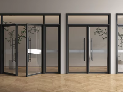 Modern Interior Featuring Black Frame Glass Double Doors And Wooden Flooring 3d model