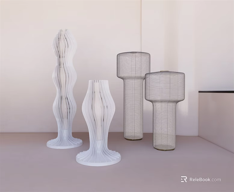 Modern Floor Lamps with Wavy and Geometric Wire Structures in Minimalist Interior 3d model