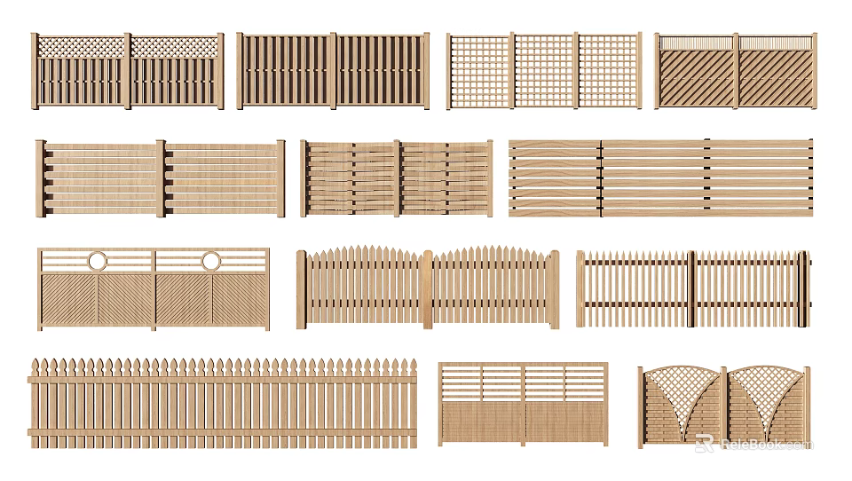 Various Wooden Fence Designs Featuring Different Patterns and Styles for Outdoor Use 3d model 