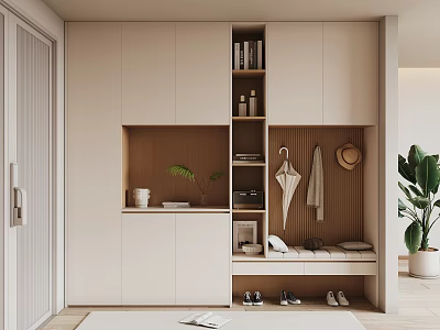 Modern Entryway Hallway With Beige Cabinetry Open Storage Hooks And Bench 3d model