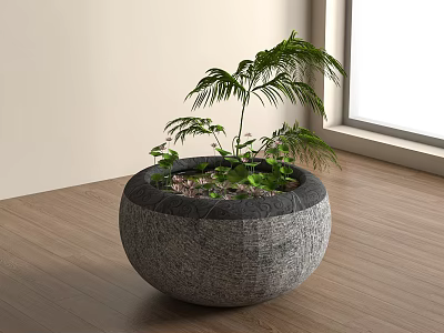 Round Stone Aquarium Fish Tank With Green Aquatic Plants On Wooden Floor By Window 3d model