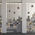 Contemporary Garden Accents With Geometric Block Wall Small Plants Built In Lights And Hanging Fixtures