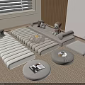 Modern Light Gray Modular Sofa Coffee Table Set with Stuffed Toy Wooden Wall and Blinds 3d model