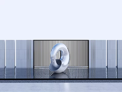 White Abstract Ring-shaped Landscape Sculpture on Water Surface with Vertical Striped Screen and Gray Walls 3d model