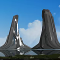 Modern Unique Streamlined Office Building With Water Reflection And Greenery Under Blue Sky 3d model