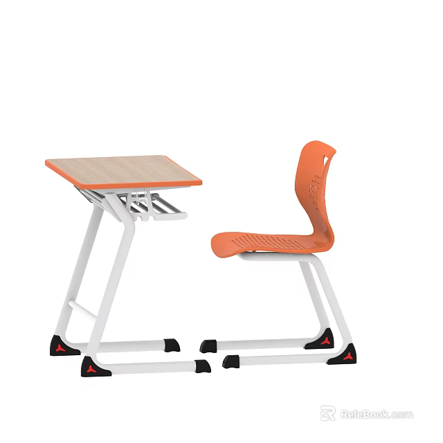 Modern Study Desk And Chair Set With Orange Seat Light Wood Top White Frame 3d model 