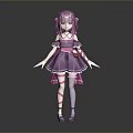 Cute Game Movie Character With Purple Hair Pink Bow Purple Dress White Gloves Striped Socks