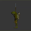 Standing Green Smiling Muscular Frog Character With Wooden Spear And Blue Crystal