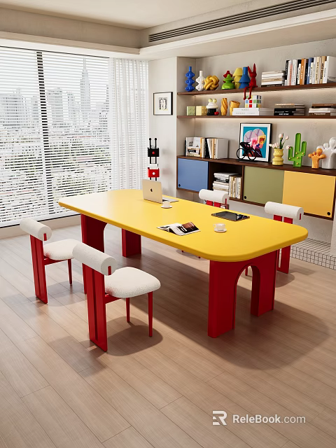 Yellow Desk With Red Legs White Chairs Near Bookshelf Books Decorations By Window City View 3d model 