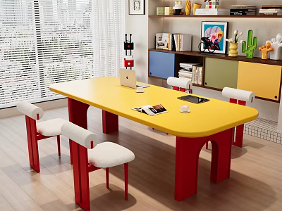 Yellow Desk With Red Legs White Chairs Near Bookshelf Books Decorations By Window City View 3d model
