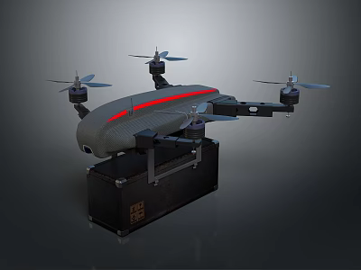 Gray Quadcopter Drone With Four Propellers Red Stripe On Black Storage Case 3d model