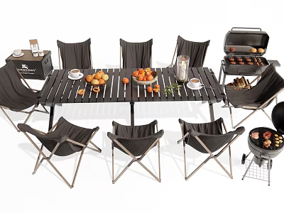 Outdoor Table with Black Folding Chairs Fruits Cups Candle Holder and Grill with Grilled Food 3d model