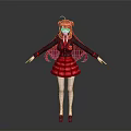 Anime Girl Character With Long Red Hair Black Red Uniform Skirt Standing Pose Gray Background