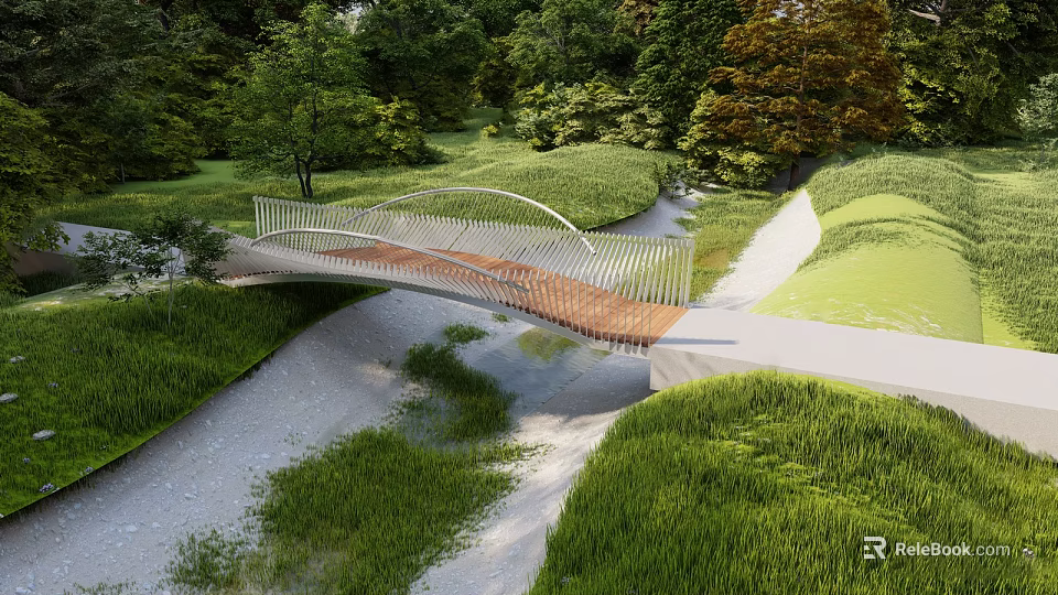 Modern Arch Bridge With Wooden Deck Over Stream Surrounded By Trees And Grassy Paths 3d model