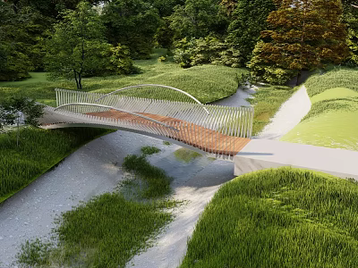 Modern Arch Bridge With Wooden Deck Over Stream Surrounded By Trees And Grassy Paths 3d model