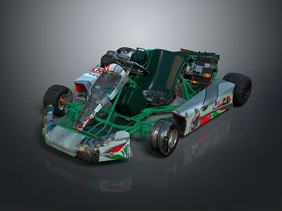 Racing Go Kart With Green Frame White Body Open Design And Logos 3d model