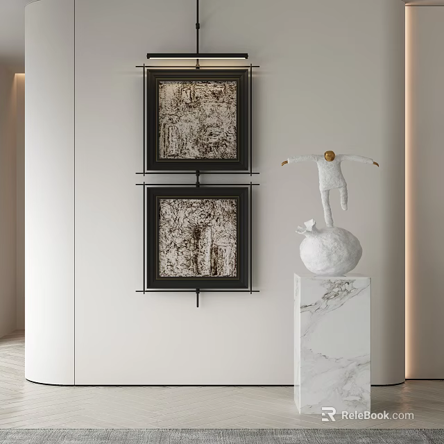 Modern Interior Decor With Abstract Paintings And White Sculpture On Marble Pedestal 3d model 