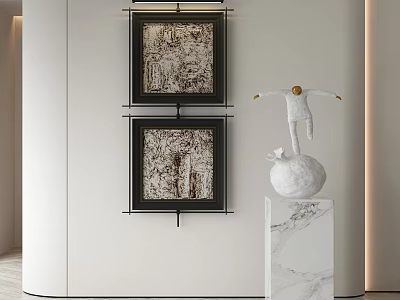 Modern Interior Decor With Abstract Paintings And White Sculpture On Marble Pedestal 3d model