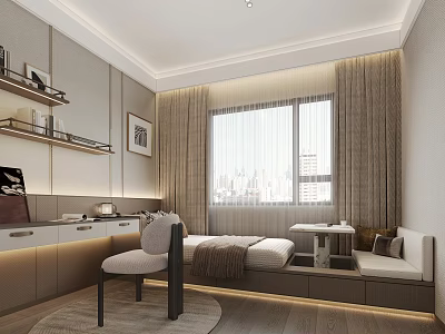 Modern Multifunctional Room With Bed Desk And Bay Window Seating 3d model