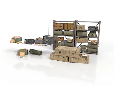 Organized Storage Space With Stacked Crates Metal Shelves And Various Boxes 3d model