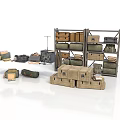 Organized Storage Space With Stacked Crates Metal Shelves And Various Boxes