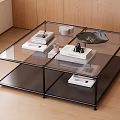 Modern Glass Top Coffee Table with Black Metal Frame and Two Tier Design