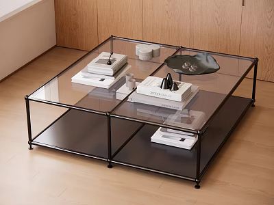 Modern Glass Top Coffee Table with Black Metal Frame and Two Tier Design 3d model