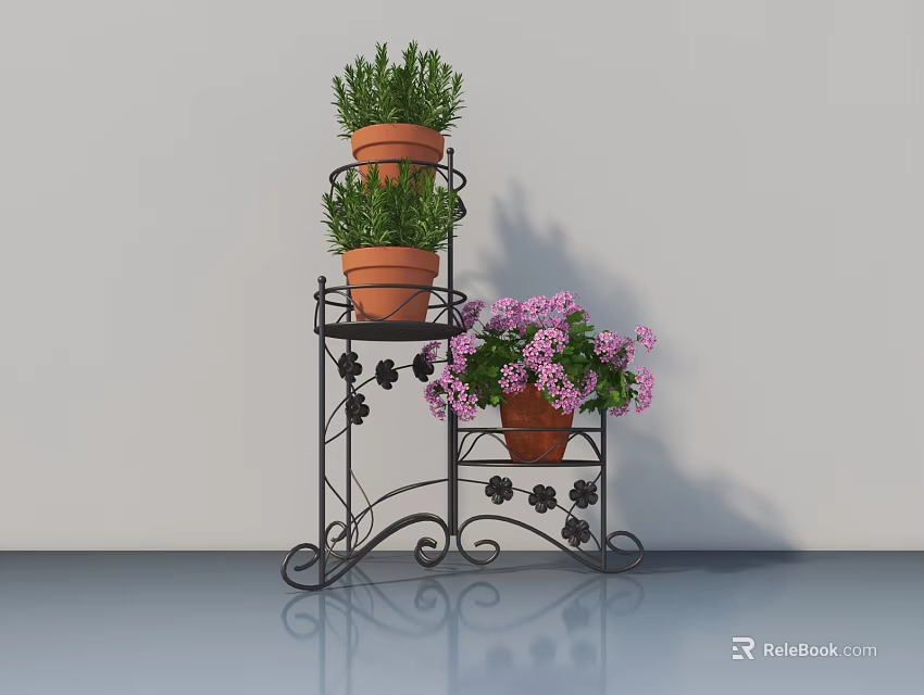 Decorative Black Iron Plant Stand With Terracotta Potted Green Herbs And Purple Flowers 3d model 
