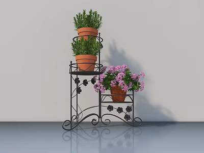 Decorative Black Iron Plant Stand With Terracotta Potted Green Herbs And Purple Flowers 3d model