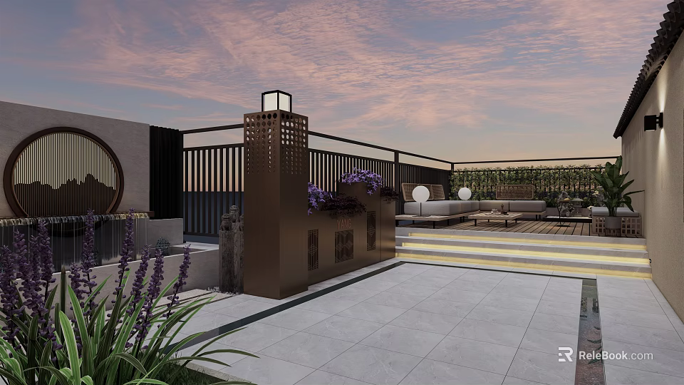 Rooftop Terrace Garden Landscape with Chinese Lantern Post Purple Flowers Outdoor Seating Stone Slab Flooring 3d model 