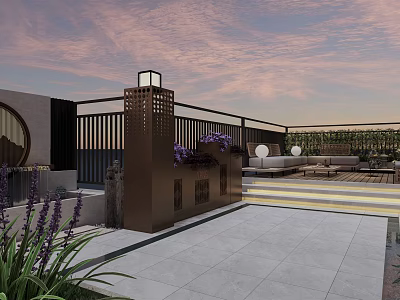 Rooftop Terrace Garden Landscape with Chinese Lantern Post Purple Flowers Outdoor Seating Stone Slab Flooring 3d model