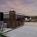 Rooftop Terrace Garden Landscape with Chinese Lantern Post Purple Flowers Outdoor Seating Stone Slab Flooring