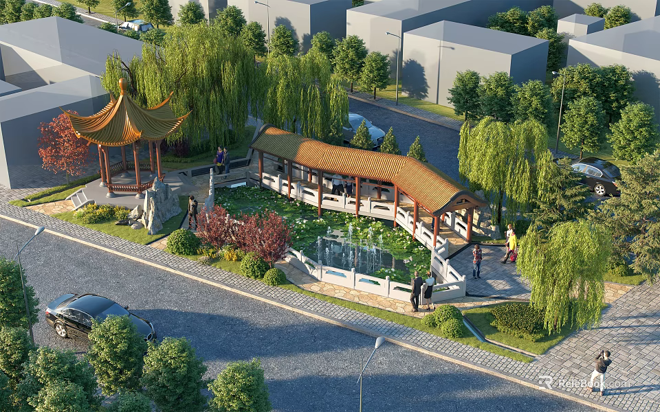 Scenic Park Landscape with Chinese Pavilion Willow Trees Pond Surrounding Buildings and People Walking 3d model 