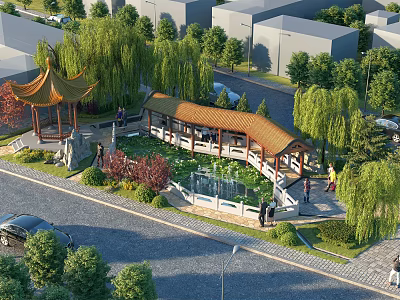 Scenic Park Landscape with Chinese Pavilion Willow Trees Pond Surrounding Buildings and People Walking 3d model
