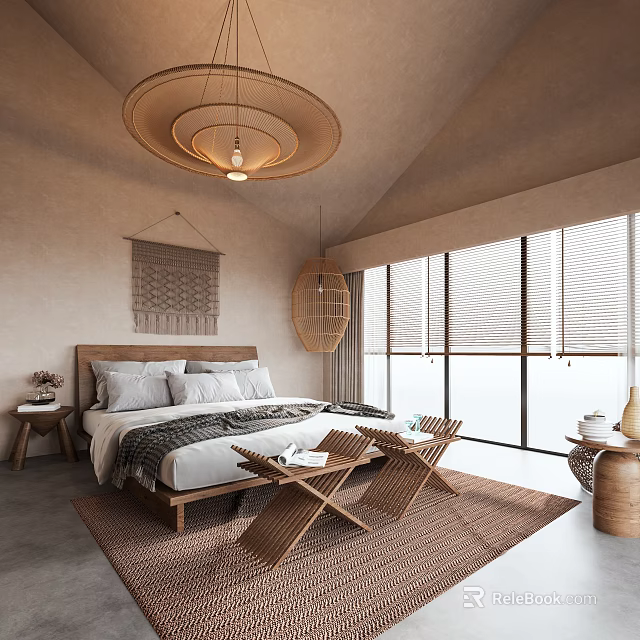 Cozy Bedroom Interior Design With Woven Pendant Light Macramé Wall Hanging And Rattan Chairs 3d model 