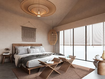 Cozy Bedroom Interior Design With Woven Pendant Light Macramé Wall Hanging And Rattan Chairs 3d model