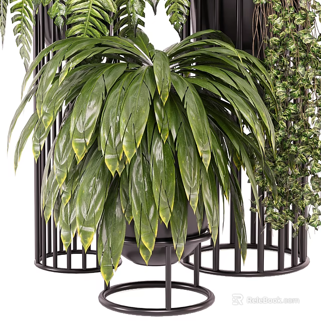 Large Green Leafy Plant On Black Metal Plant Stand For Interior Decor 3d model 