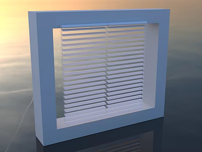 Sleek Window Blinds in Blue Frame with Sunset Sky and Calm Sea View Design 3d model
