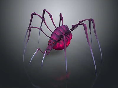 3D Rendered Spider With Purple Red Glowing Body And Long Legs On Dark Background 3d model