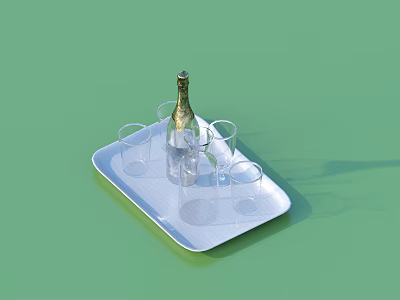 Elegant White Tray With Champagne Bottle And Wine Glasses On Green Background 3d model