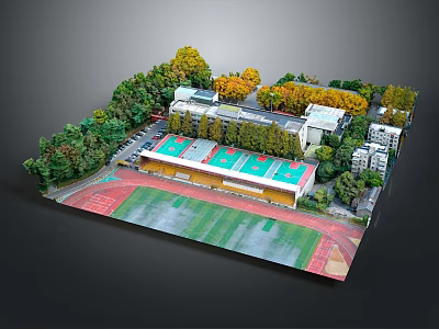 Scenic Campus Landscape With Green Red Playground Wet Surface Buildings And Lush Trees 3d model