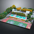 Scenic Campus Landscape With Green Red Playground Wet Surface Buildings And Lush Trees